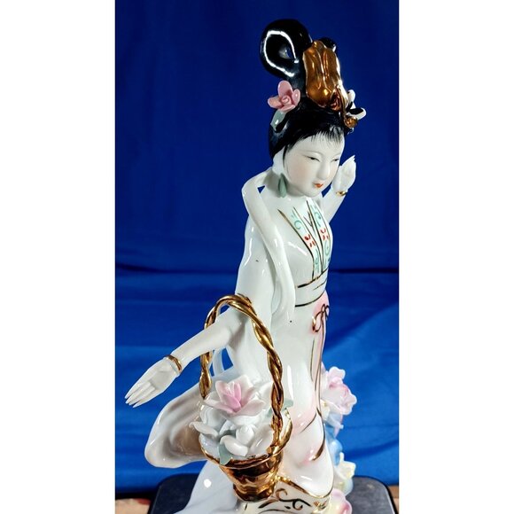 Vintage Delicate Porcelain Geisha Goddess Standing on Cloud With Flower Basket - Picture 10 of 16